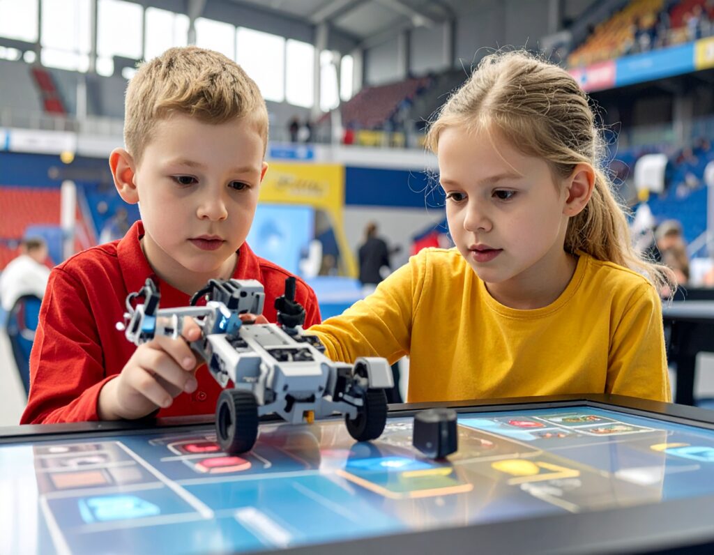 Firefly_Help me create following images-__1. Two kids operating a robot on a competition game 493282